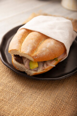 Mexican ham sandwich, in Mexico it is called Torta de Jamon, it is the most popular of the Mexican Tortas and the recipe varies depending on who prepares it, made with bolillo o telera bread.