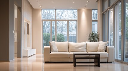Fototapeta premium Modern living room with simple furniture, bathed in natural light. Minimalist elegance in a serene home space.