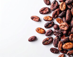 Obraz premium Scattered cocoa beans on a white background, cocoa beans, cocoa bean composition.