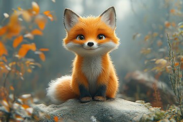Fototapeta premium Cute fox cub sitting forest autumn rock digital art