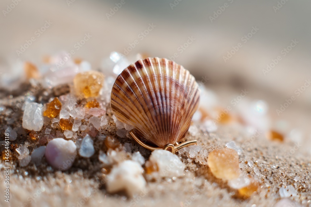 Aufkleber seashell earring resting gently on warm sand with glimmering grains during a sunny beach day generat