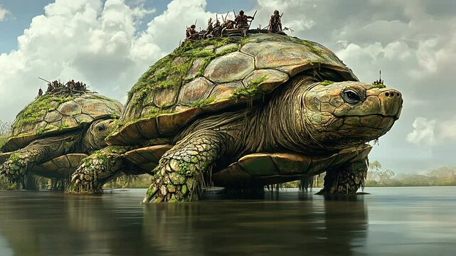 Giant tortoises carrying human settlements on their backs, surrounded by a lush, serene landscape