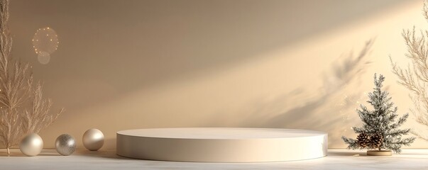 Christmas podium displaying products on beige background with christmas tree and ornaments