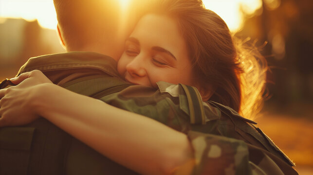 Smiling woman embraces soldier on Veterans Day at golden sunset