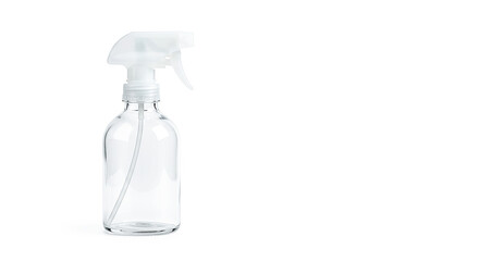 Empty transparent glass spray bottle isolated on white background