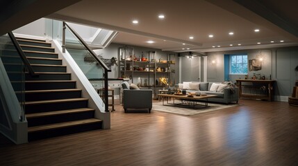 A photo of a renovated basement for various uses.