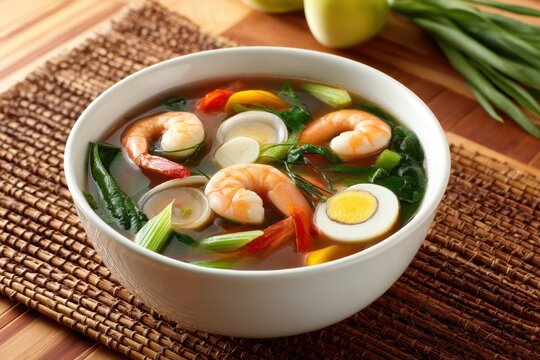Filipino sinigang na hipon sour shrimp soup on woven rattan mat