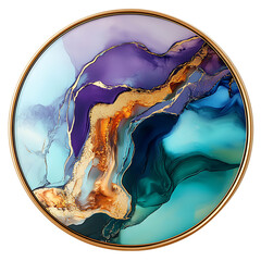Circular Gold Framed Mirror Reflecting Modern Abstract Fluid Art Isolated on Transparent Background