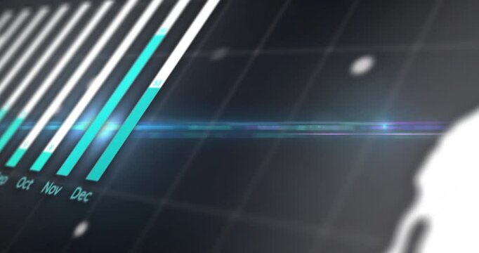 Diagonal bar chart displaying monthly labels on grid lines with lens flare and bokeh highlights