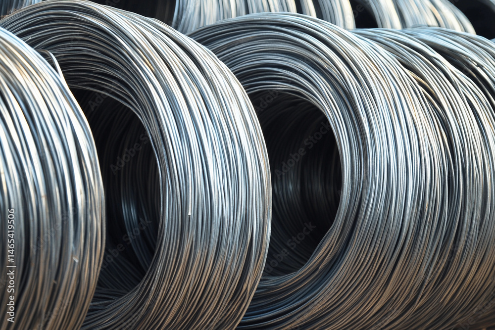 Poster zinc wire rolls stacked for various industrial applications generative ai