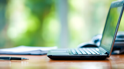 with a laptop, notepad, and pen on a wooden desk, blurred background