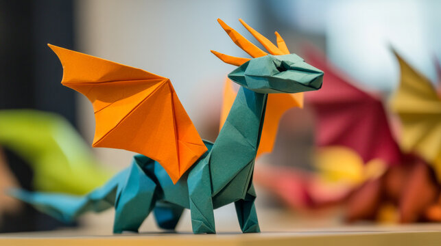 Origami dragon with vibrant orange wings soars in vivid imagination, celebrating International Paper Folding Day and mythical lore