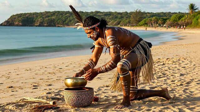 Aboriginal man performs a traditional ceremony on a beach.