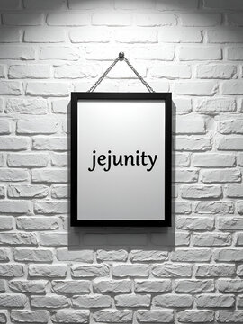 Black frame hanging on white brick wall with inscription jejunity