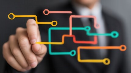 A hand interacts with a colorful network design.