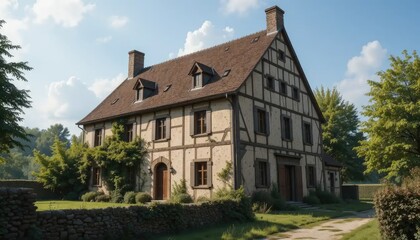 Fototapeta premium Charming Half-Timbered House in Serene Countryside