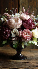 Vintage priggish style rosebush and florals in an elegant arrangement