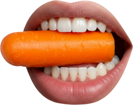 Close-up of a mouth biting a carrot, featuring glossy lips, white teeth, and detailed texture—ideal for bold food concepts, edgy advertising, or humorous visual content