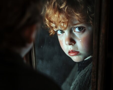 A child looking at their reflection in a mirror, tears in their eyes, soft light highlighting their somber face