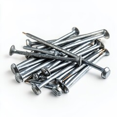 Silver Metal Nails Pile on White Background