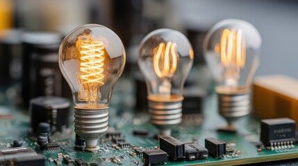 Close-up view of three incandescent light bulbs on a circuit board.