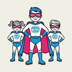 Middle Child Day Vector Designs - Expressive Illustrations Featuring Family Hierarchy, Middle Child Superhero, Me Time, and Playful Sibling Bonding Moments for Posters.