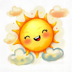 Fototapeta premium Happy Cartoon Sun Smiling Whimsically surrounded by Fluffy Clouds in a Soft-Colored Sky