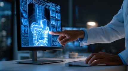 Fototapeta premium Doctor Reviewing Intestinal X-ray Scan on Digital Medical Monitor for Gastrointestinal Diagnosis