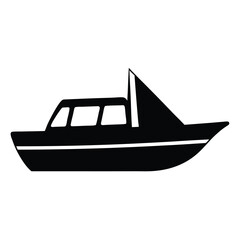 Black silhouette of a cabin cruiser boat with a sail on white