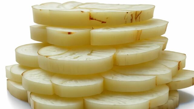 Pile of sliced raw yuca, or cassava.
