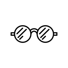 A pair of round eyeglasses is depicted in a simple, black outline sty