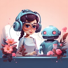 Stylized Illustration of a Girl with Headphones and a Robot Surrounded by Flowers