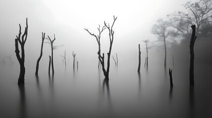 Obraz premium Silhouette trees in a misty tranquil lake.