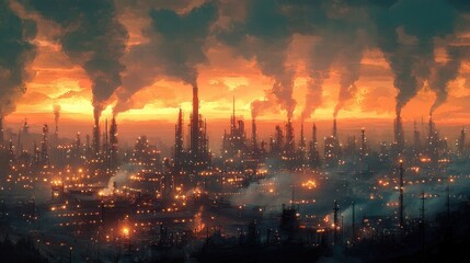 Fototapeta premium Evening light over an oil refinery with glowing lights and vapor rising from chimneys.