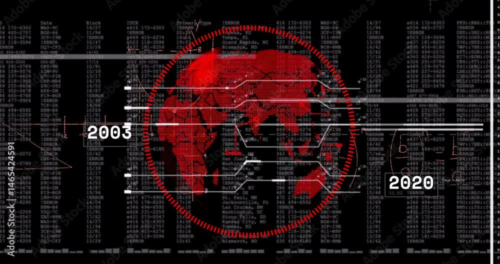 Poster 3D render showing red globe rotating within dashed gauge, featuring code logs and timeline pointers
