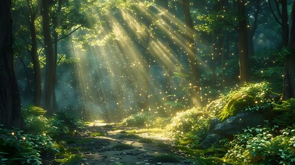 Obraz premium Enchanting forest scene with sunlight beams and shimmering lights inspiring peaceful and serene photo