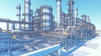 Fototapeta premium Massive chemical plant with networks of pipes and metallic walkways.