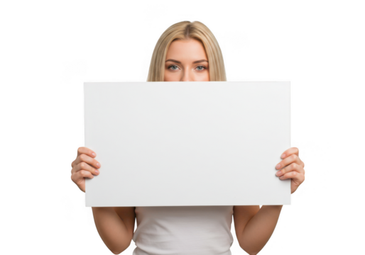 Blonde woman holding a blank white board in front of her face with isolated on transparent background