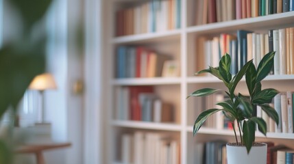 Cozy indoor library scene featuring a vibrant potted plant in focus, accentuating the warmth of shelves filled with colorful books, perfect for study or relaxation.