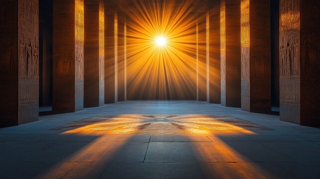Sunburst hall. Ancient carved columns, brilliant light show - Powered by Adobe