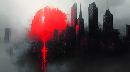 Obraz premium Urban Apocalypse A Cityscape Silhouette Dominated by a Crimson Sun in a Bleak Future