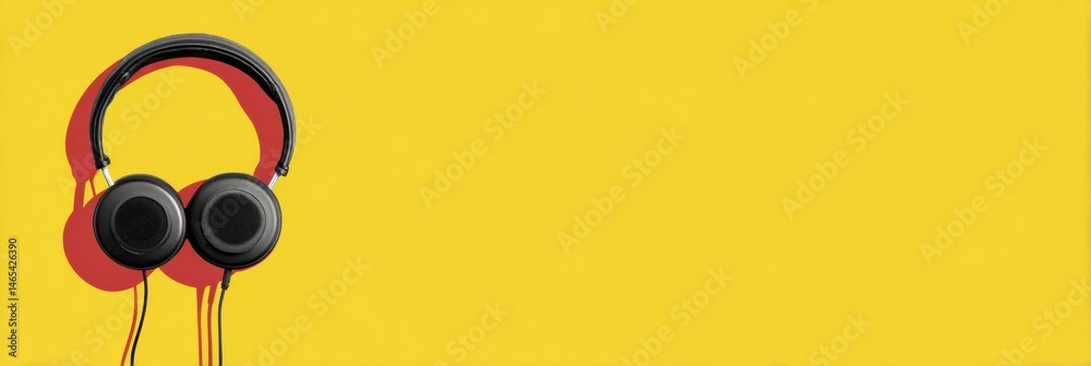 Poster Wired Headphones Resting in Protective Case on Bright Yellow Background With Empty Left Space for Creative Use Generative AI