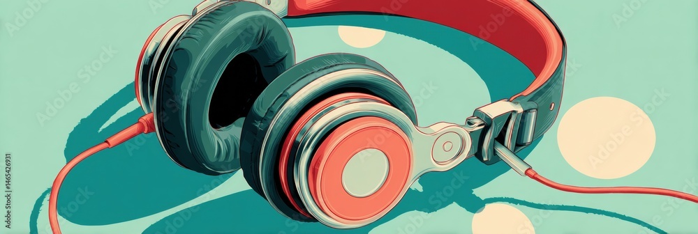 Poster colorful wired headphones resting in their case with a flat illustration showcasing a vibrant backgr