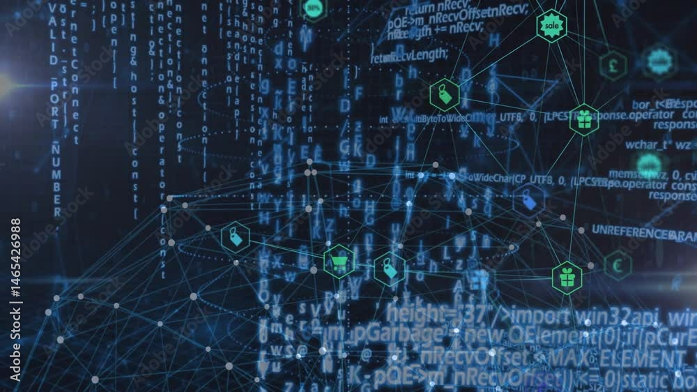 Poster Dark blue mesh showing floating alphanumeric code snippets connecting green hexagon ecommerce icons