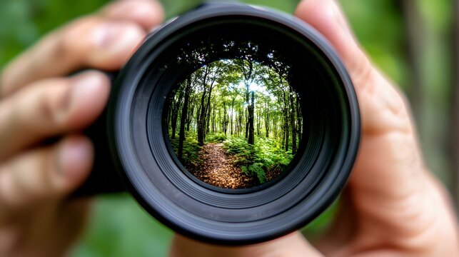 Looking Through Camera Lens at Forest Trail with Green Trees and Foliage