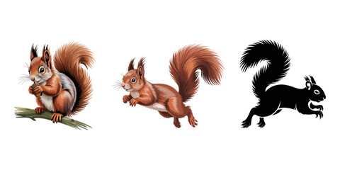 red and white squirrel, Vintage engraving isolated squirrel set illustration ink sketch. Forest background animal silhouette art. Black and white hand drawn image, Group of running squirrel silhouette