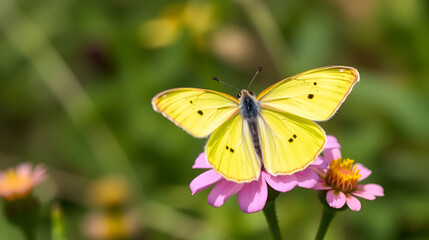 Common brimstone butterfly (Gonepteryx rhamni) sitting on a pink flower in Zurich, Switzerland