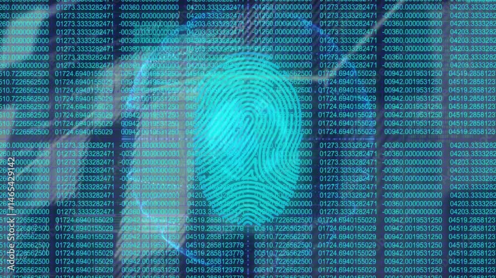 Poster Fingerprint graphic floating over cybersecurity matrix, showing numeric code streams in flat design