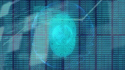 Fingerprint graphic floating over cybersecurity matrix, showing numeric code streams in flat design