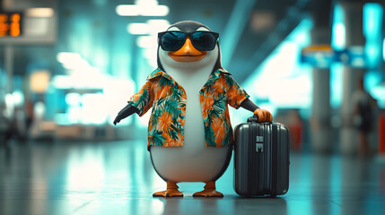 Penguin in a tropical shirt and sunglasses, pulling a suitcase in an airport terminal with soft lighting